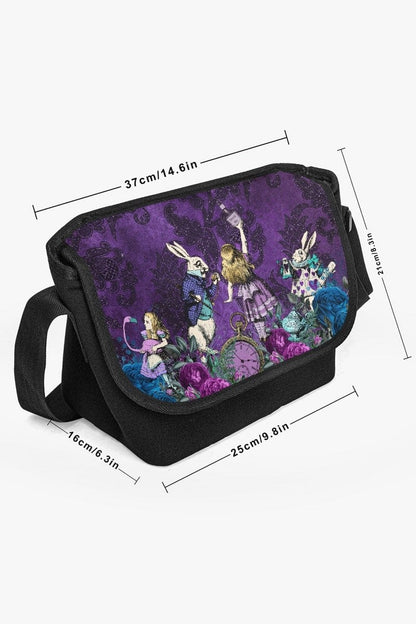 dimensions marked on the image of the gothic alice in wonderland purple messenger bag