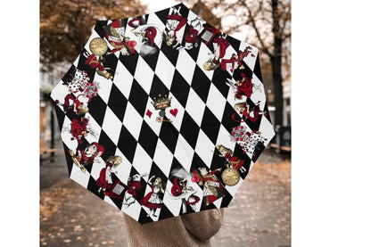 Queen of Hearts alice in wonderland tea party parasol in reds, golds on a black and white diamond background 1
