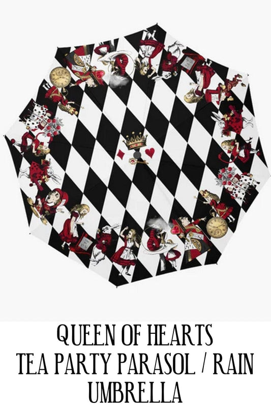 Queen of Hearts alice in wonderland tea party parasol in reds, golds on a black and white diamond background