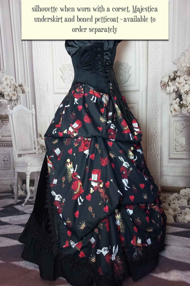 Draping queen of hearts Alice in Wonderland victorian high low bustle skirt in black, red and gold from Gallery Serpentine 5