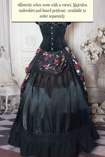 Draping queen of hearts Alice in Wonderland victorian high low bustle skirt in black, red and gold from Gallery Serpentine 6