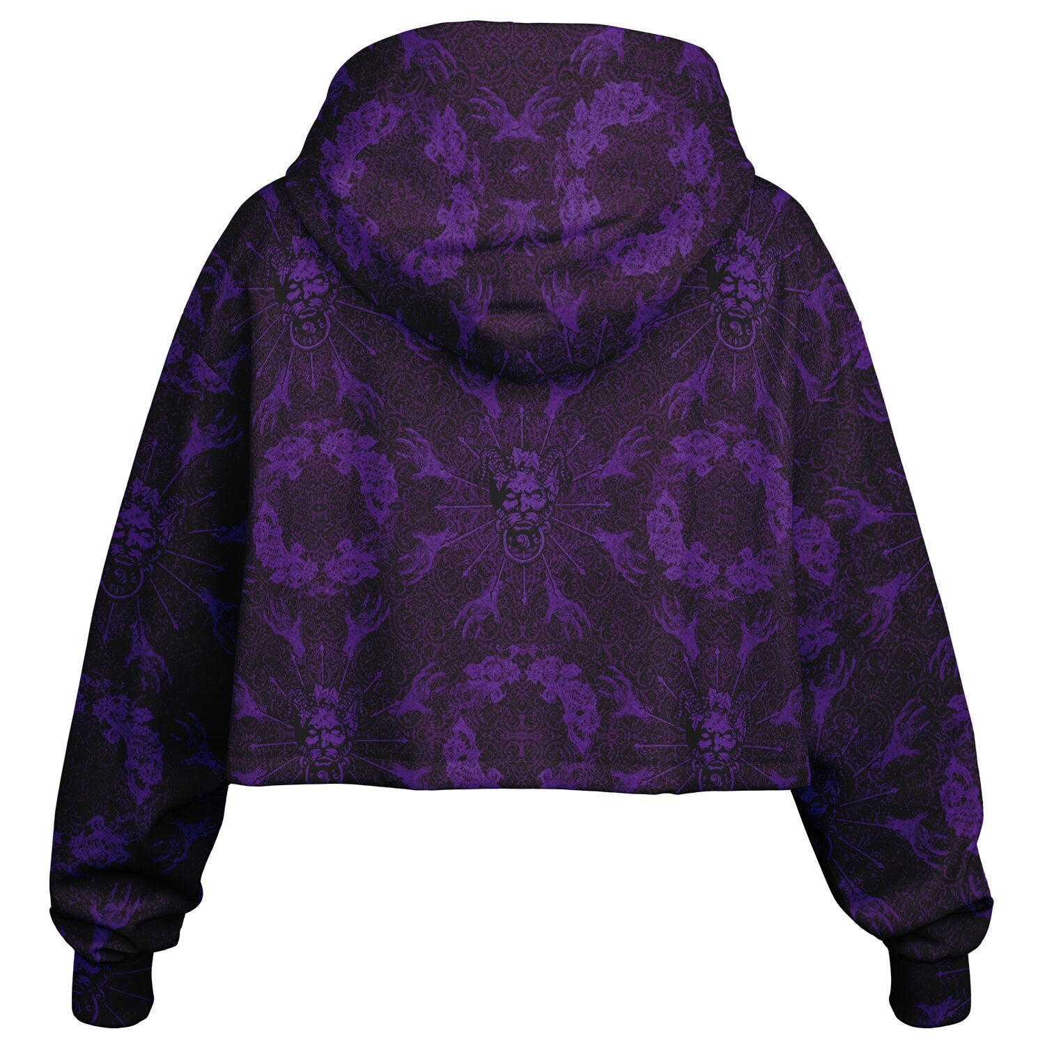 cropped short hoodie for Blood on the Clocktower fans featuring a portal view into the mythical setting of the boardgame, Ravenswood Bluff back view hood down