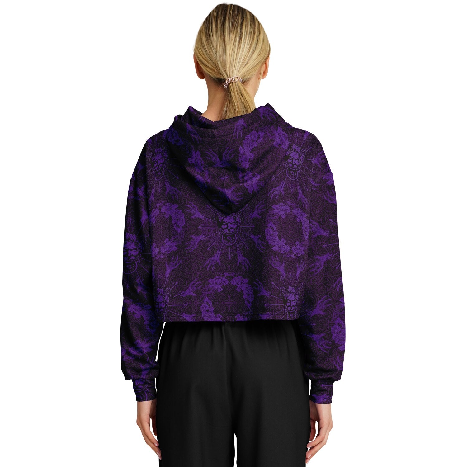 cropped short hoodie for Blood on the Clocktower fans featuring a portal view into the mythical setting of the boardgame, Ravenswood Bluff, back view on blonde woman