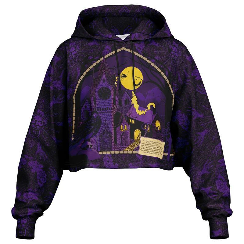 cropped short hoodie for Blood on the Clocktower fans featuring a portal view into the mythical setting of the boardgame, Ravenswood Bluff 1
