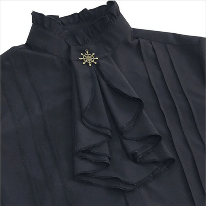 close up on the cravat with decorative ship's wheel of the One Shirt to Rule the Realm, gothic, renaissance, medieval, pirate cravat shirt in black with a brass ship's wheel on the removable cravat, relaxed fit, breathable