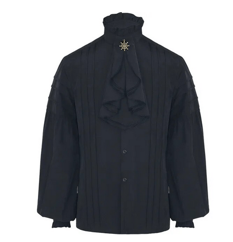 One Shirt to Rule the Realm, gothic, renaissance, medieval, pirate cravat shirt in black with a brass ship's wheel on the removable cravat, relaxed fit, breathable
