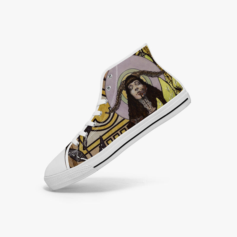 Power_Priestess_White_retro_high_top_sneakers for Blood on the Clocktower players, single floating sneaker