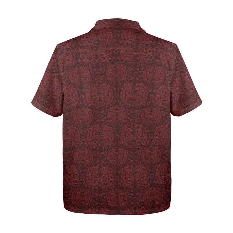 Short-sleeve shirt with a red and black pattern on a white background