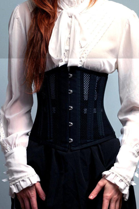 close up on the black cotton and mesh doubleboned under bust corset for waist control and posture at Gallery Serpentine