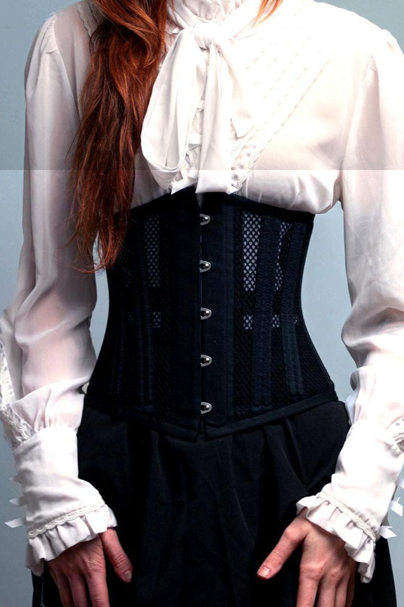 close up on the black cotton and mesh doubleboned under bust corset for waist control and posture at Gallery Serpentine