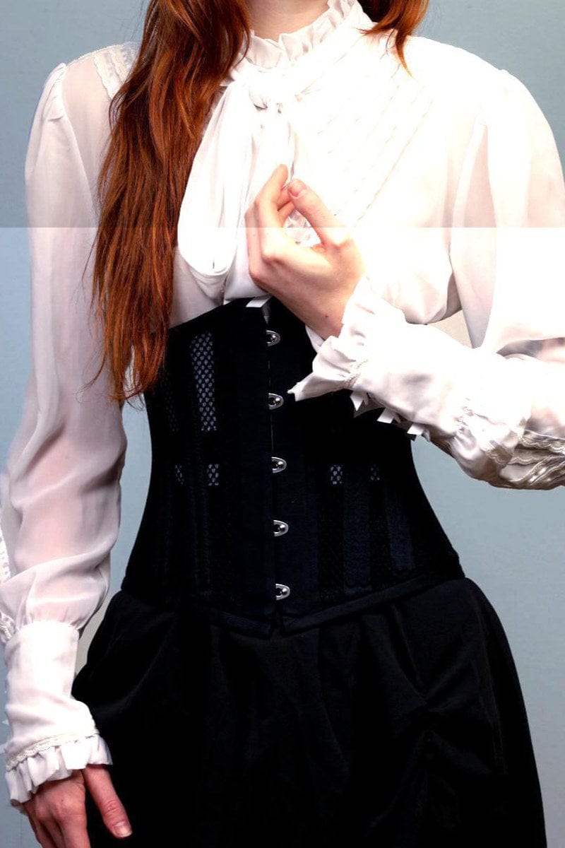 close up on the black cotton and mesh doubleboned under bust corset for waist control and posture at Gallery Serpentine 2