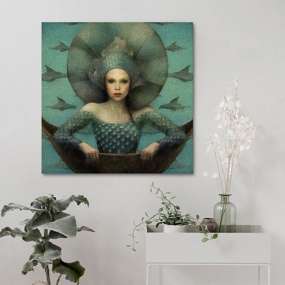 Queen of the Mermaids art print hanging on a wall in a home