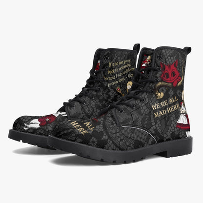 side front view of the gothic Alice in Wonderland faux leather boots featuring a gothic lace background and Alice Quotes in gold with the Alice characters in red and white