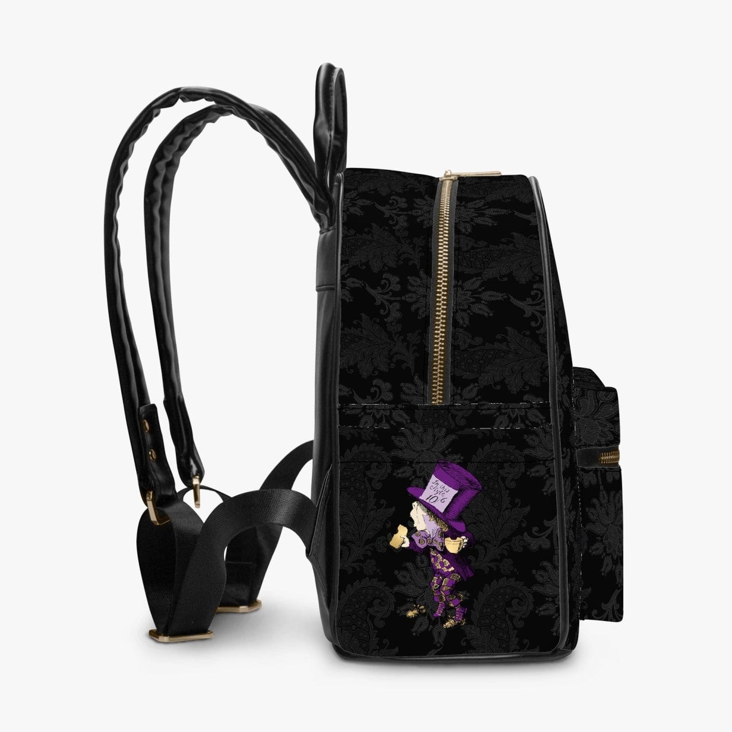 black damask patterned mini backpack featuring Alice in Wonderland characters in purples and lilacs with a famous Alice quote printed on the front, side view showing the strong and stylish back straps