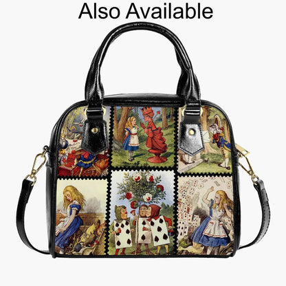 matching handbag to the Vintage colourised classic Alice in Wonderland illustrations print on a 50s silhouette mid length skirt at Gallery Serpentine
