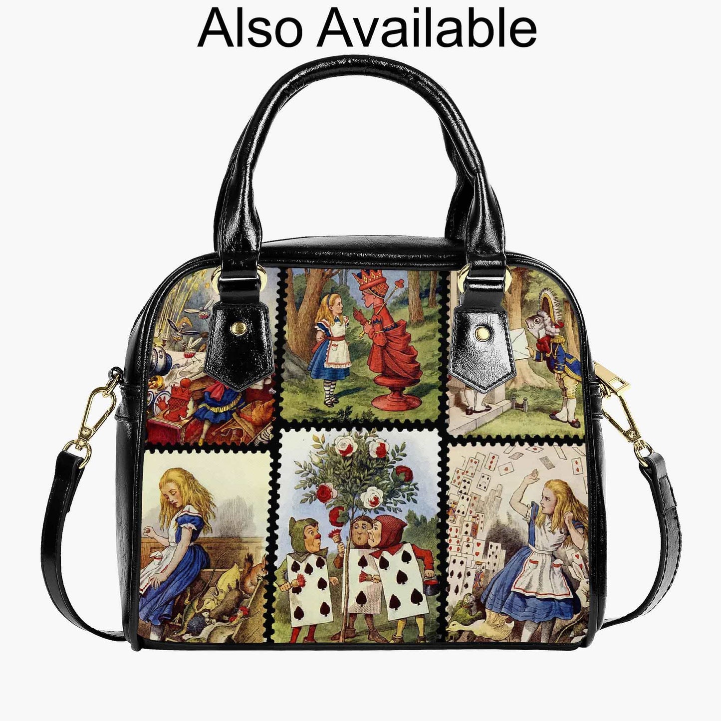 matching handbag to the cuter than cute mini small size Alice in Wonderland backpack featuring gorgeous colourised Alice in Wonderland illustrations