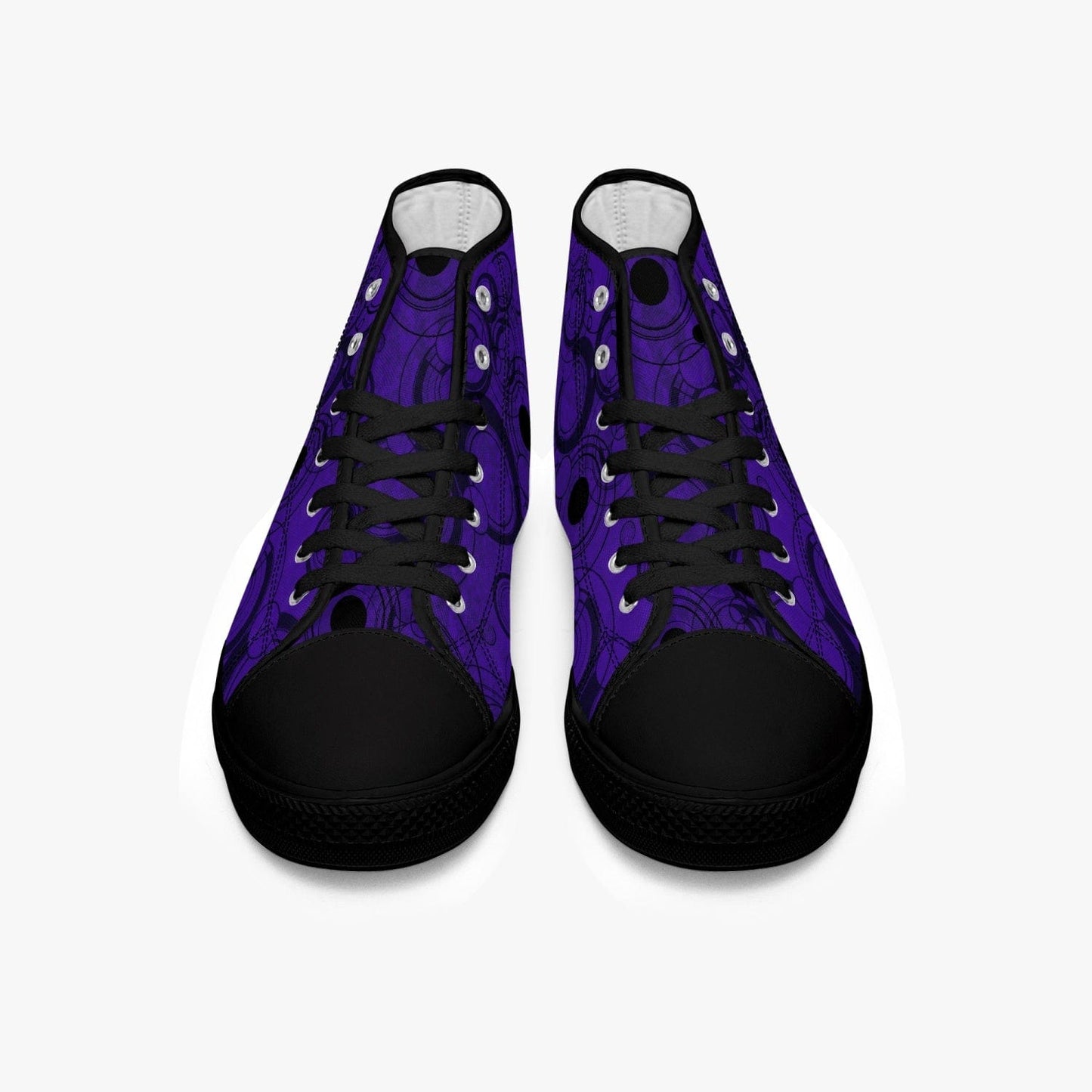 front view of the Dr Who Gallifreyan Gallifrey language high top men's sneakers in purple and black at Gallery Serpentine
