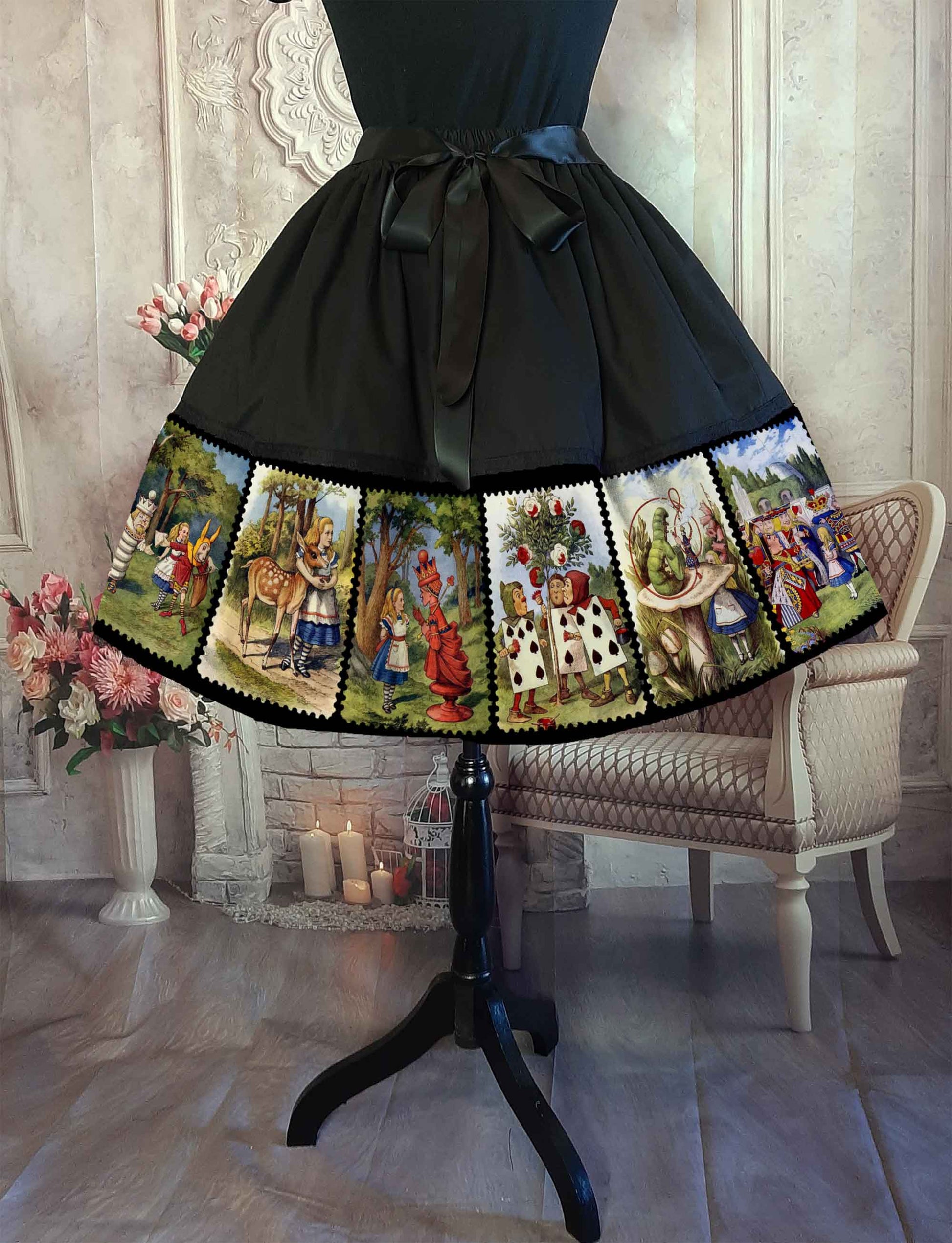 Vintage colourised classic Alice in Wonderland illustrations print on a 50s silhouette mid length skirt at Gallery Serpentine 1