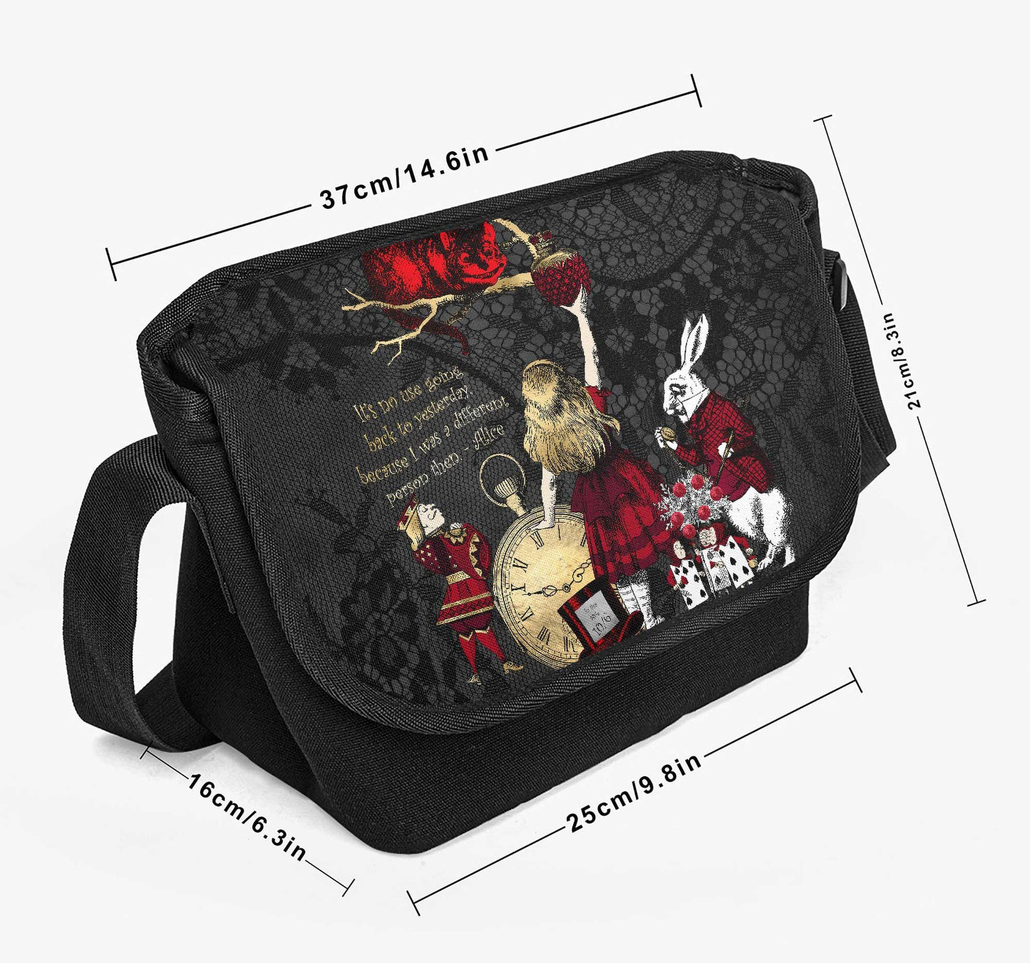 gothic Alice in Wonderland Messenger Bag made from canvas with a gothic gold, red and white Alice in Wonderland character print against a black lace print background, image has the dimensions around the bag
