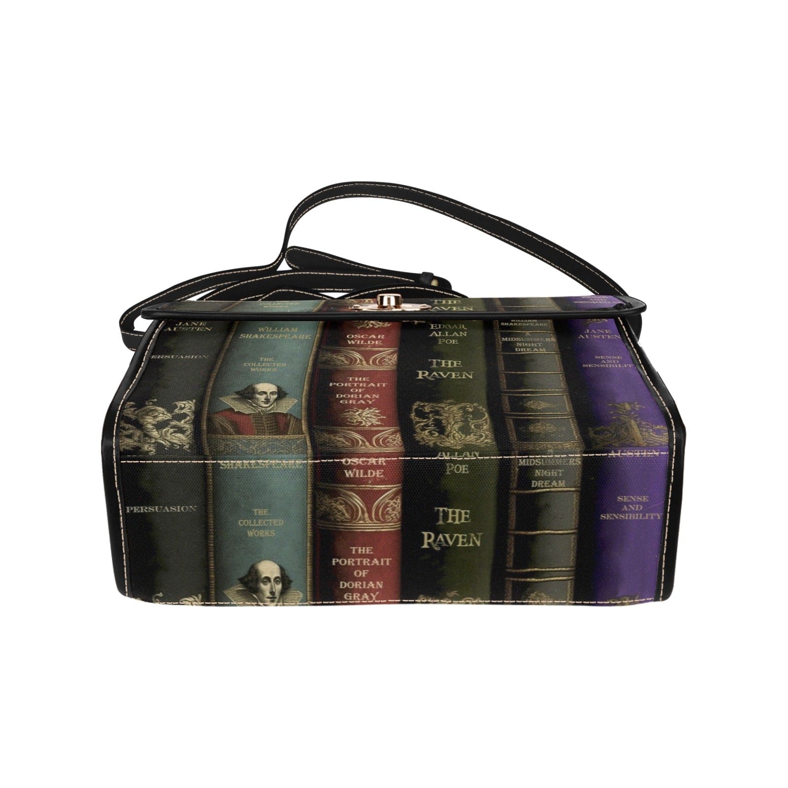 showing the base of the satchel handbag printed with spines of classic literature titles in dark colours