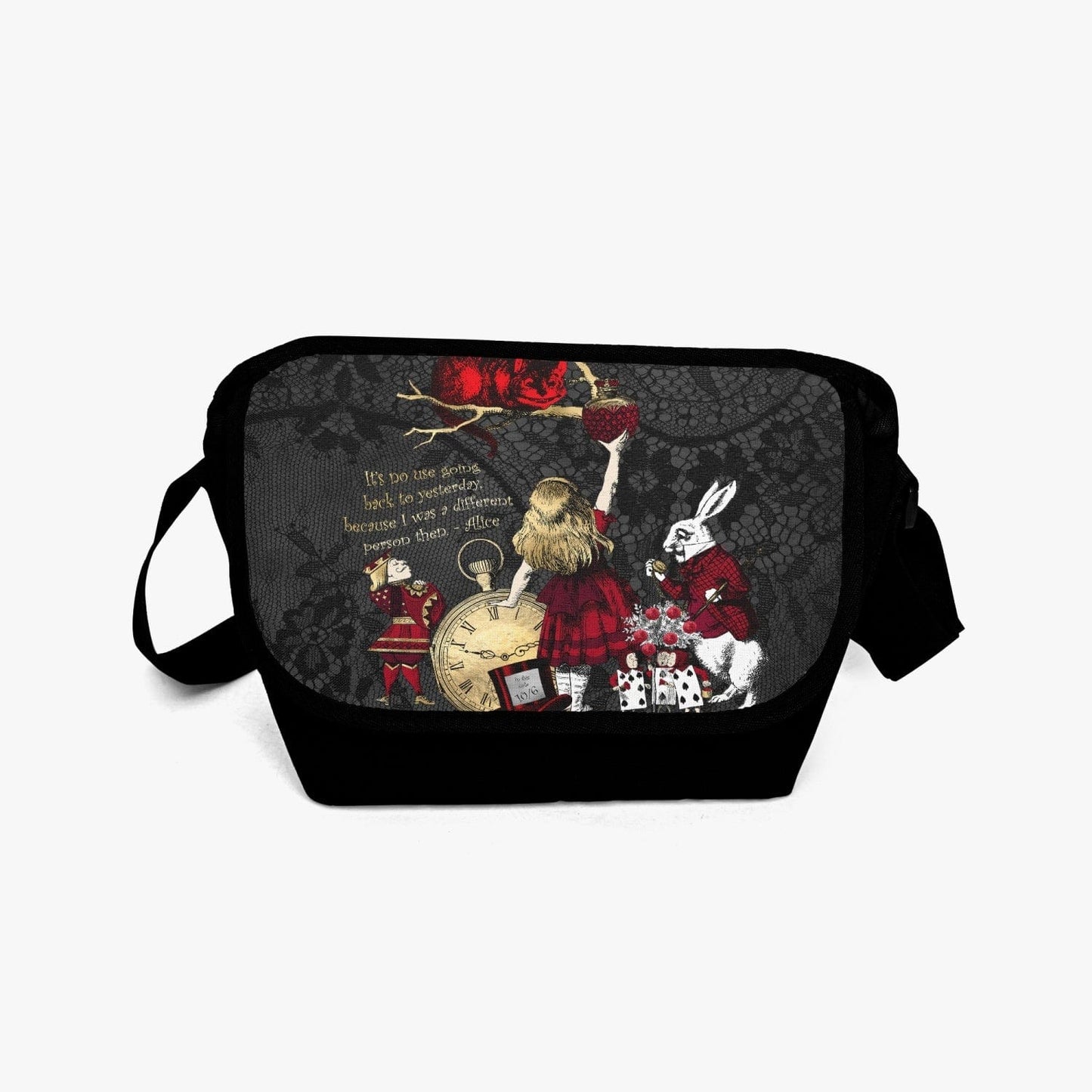 gothic Alice in Wonderland Messenger Bag made from canvas with a gothic gold, red and white Alice in Wonderland character print against a black lace print background, front view