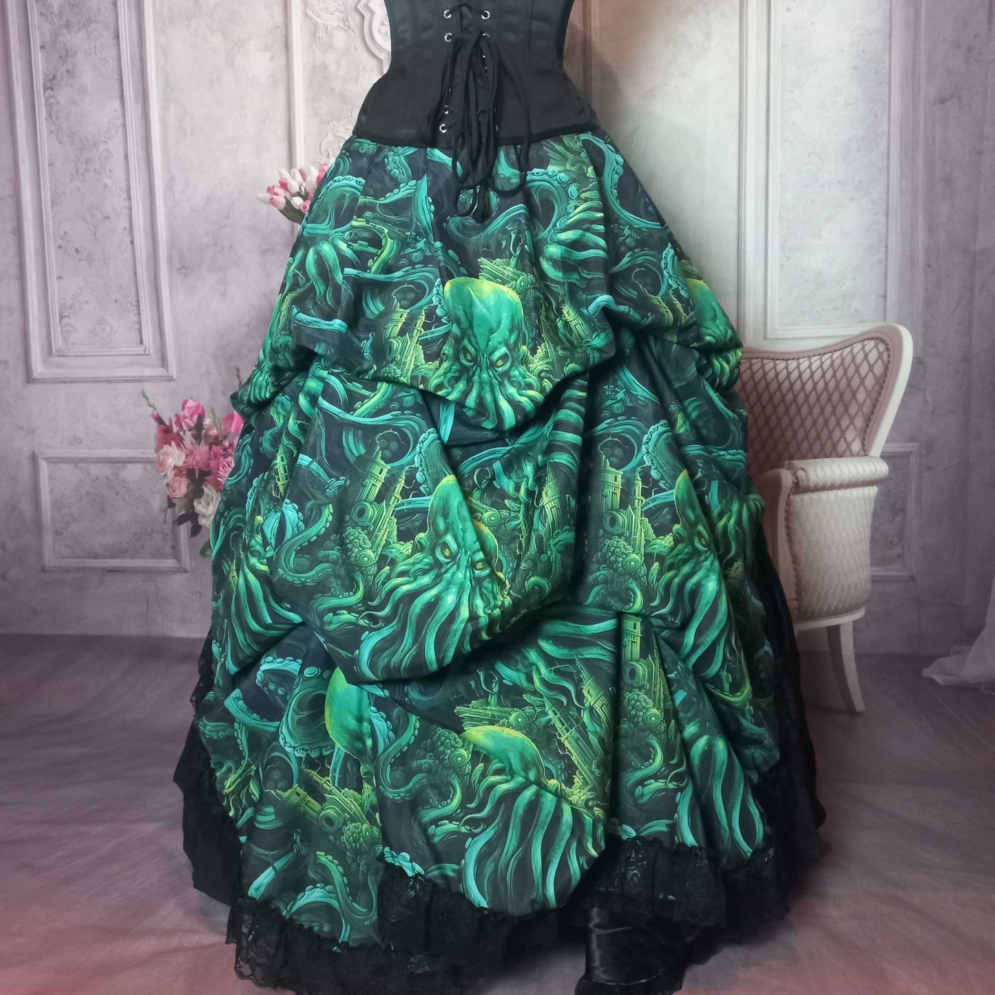 Call of Cthulhu victorian high low bustle skirt, made to measure in Australia worn over a petticoat