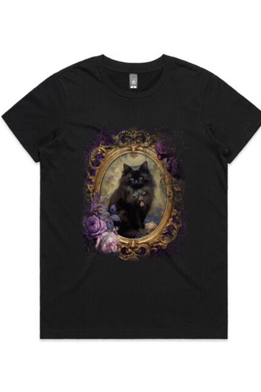 black cat in a rococo gold frame surrounded by vintage roses on a romantic gothic t-shirt
