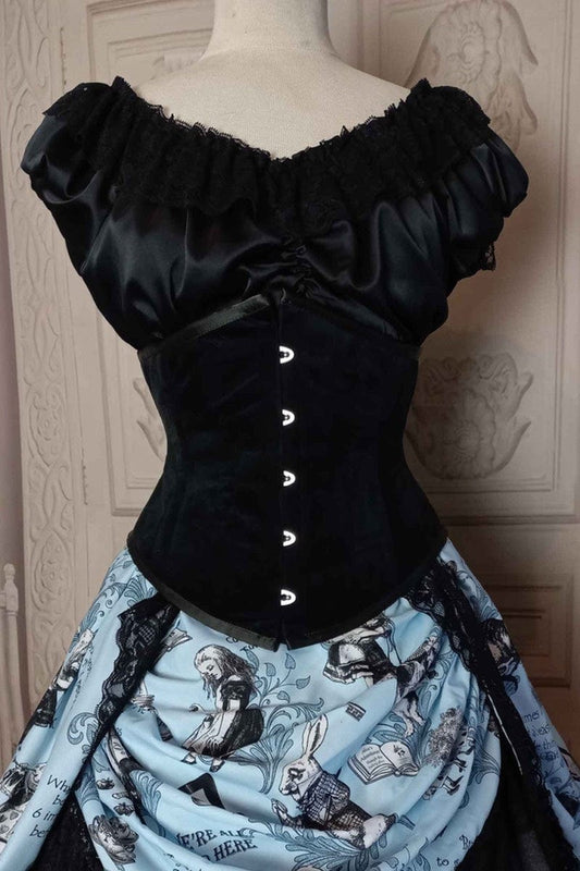 black Velvet Lilly corset with a soft blue alice in wonderland bustle skirt at Gallery Serpentine
