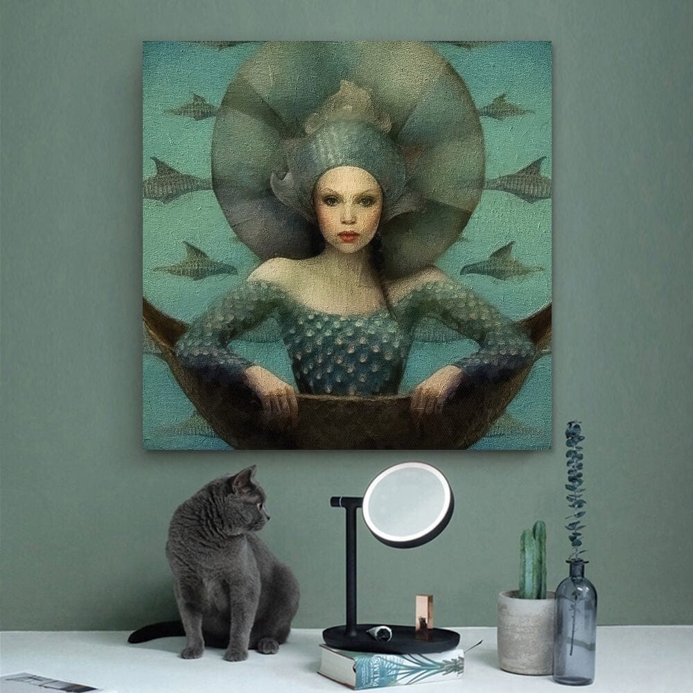Queen of the Mermaids wall art print of an oil painting in sea greens hanging on a wall behind a grey cat