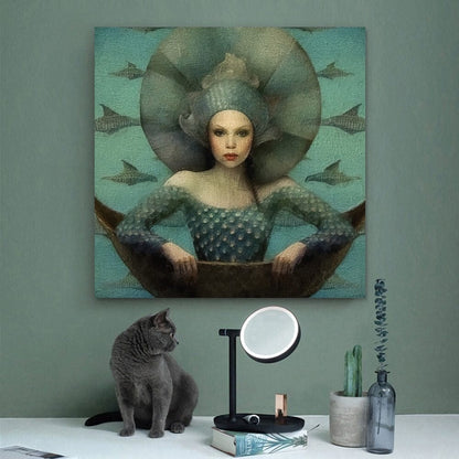 Queen of the Mermaids wall art print of an oil painting in sea greens hanging on a wall behind a grey cat
