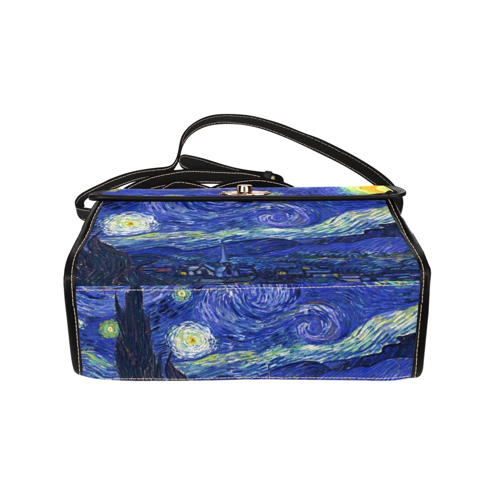 showing the base and high quality stitching and binding on the famous Van Gogh Starry Night printed on a high quality boxy satchel at Gallery Serpentine