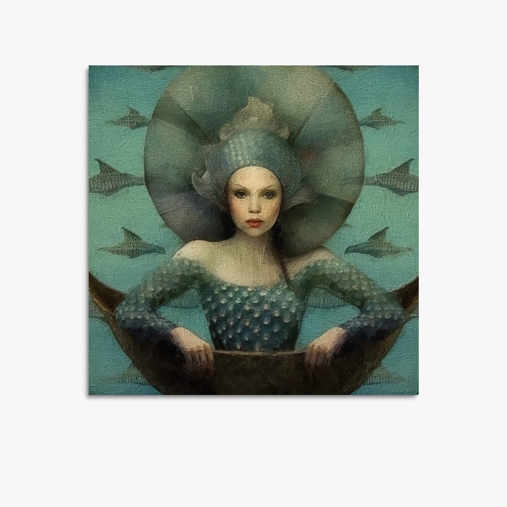 The Mermaid Queen surreal art print of an oil painting in muted sea greens featuring the queen of the mermaids