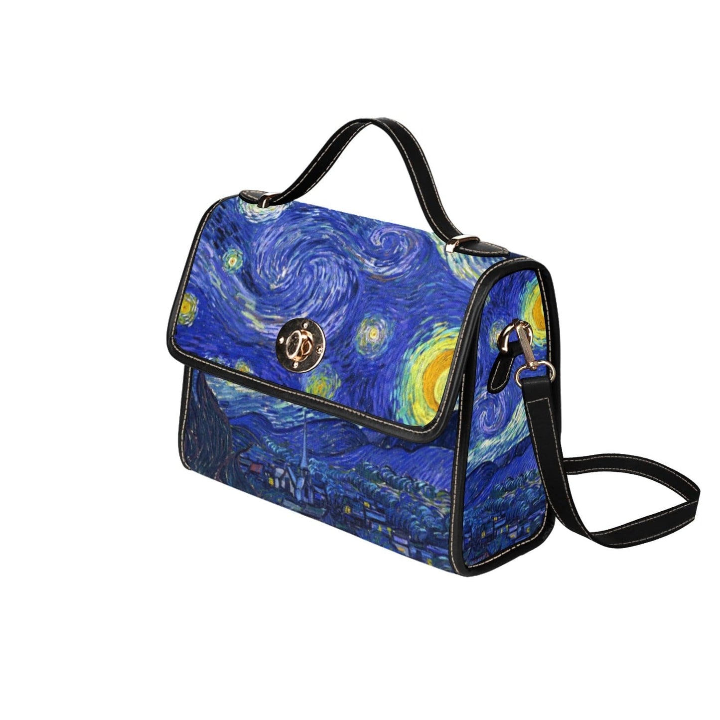 alternative side view of the famous Van Gogh Starry Night printed on a high quality boxy satchel at Gallery Serpentine