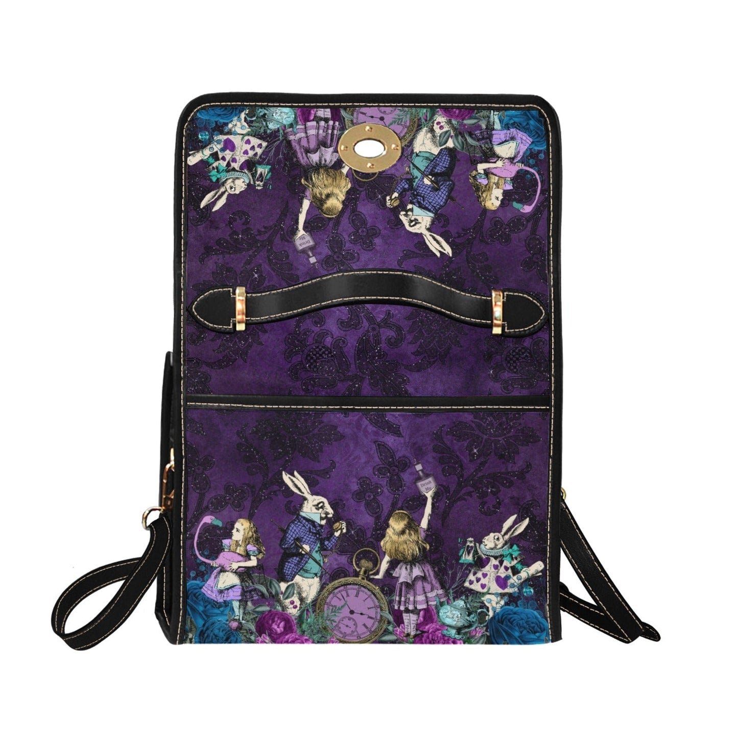 back view with top flap extended upwards on the Purple damask background on an Alice in wonderland themed gothic satchel handbag featuring the White Rabbit at Gallery Serpentine