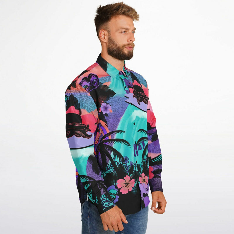 Lil Monsta goes Surfing - long-sleeve button down shirt