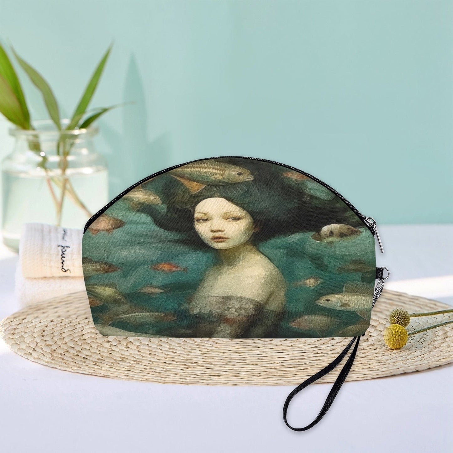 oil painting print of a mermaid surrounded by fish on a handy makeup purse with zip at Gallery Serpentine 2