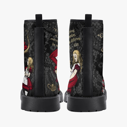back view of the gothic Alice in Wonderland faux leather boots featuring a gothic lace background and Alice Quotes