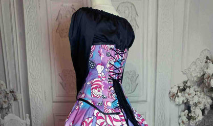 side back view of a pink purple and blue cheshire cat print over bust Victorian corset custom sized for customer measurements, made in Australia