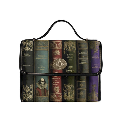 satchel handbag printed with spines of classic literature titles in dark colours