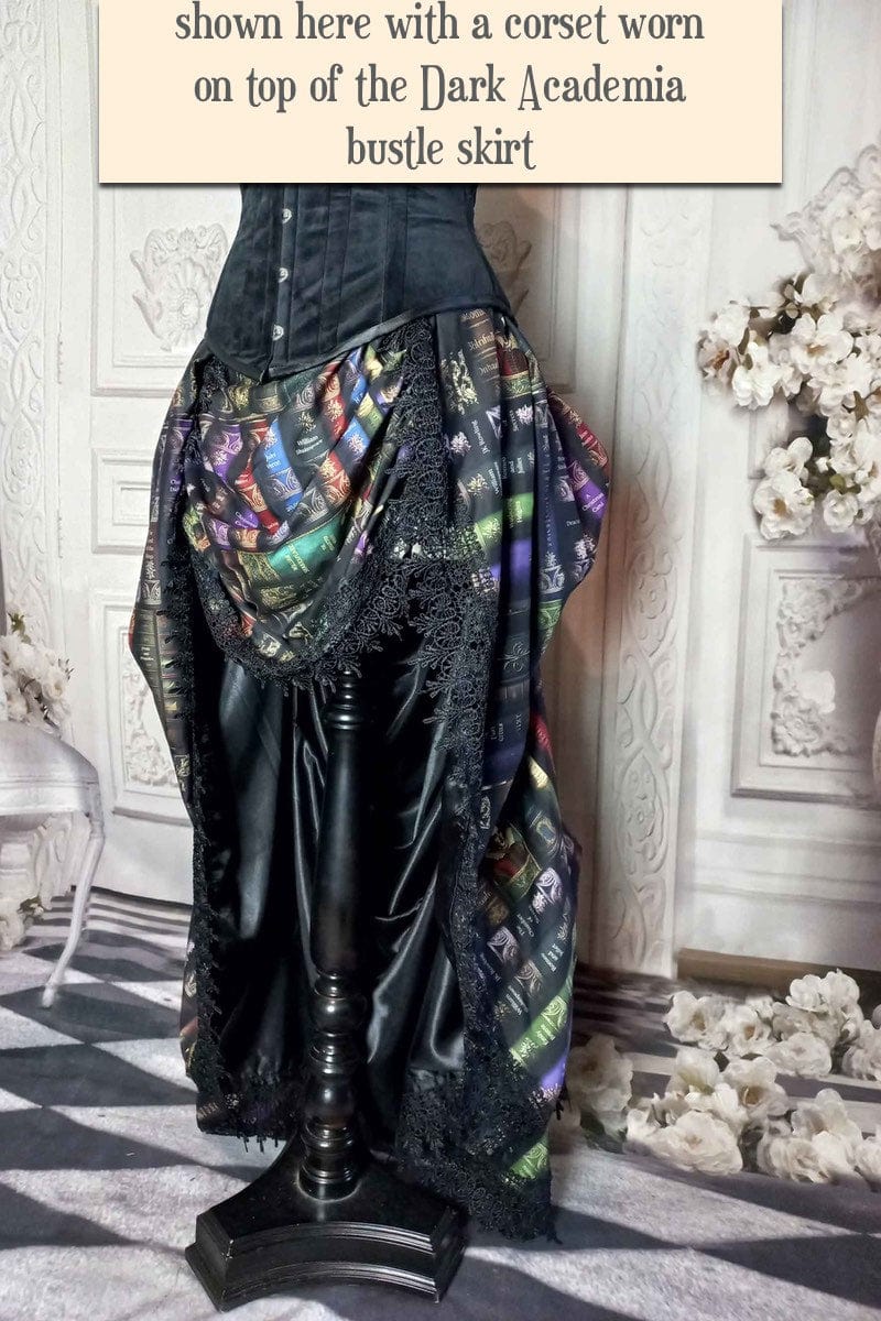 dark academia gothic victorian bustle skirt made in Australia featuring book spines from Poe Shakespeare Austen 2