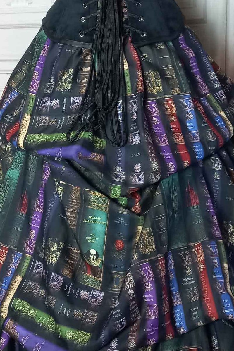 dark academia gothic victorian bustle skirt made in Australia featuring book spines from Poe Shakespeare Austen 3