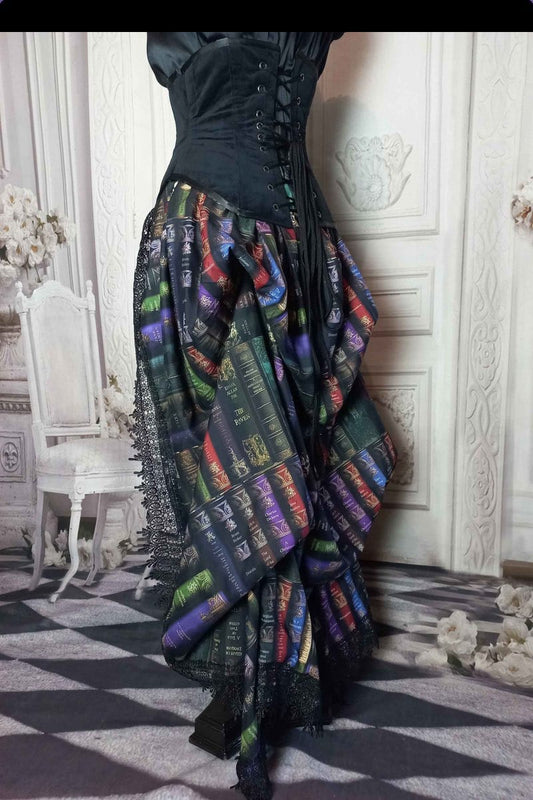 dark academia gothic victorian bustle skirt made in Australia featuring book spines from Poe Shakespeare Austen