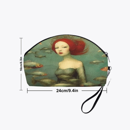 oil painting style makeup purse ideal as a gift for travellers who appreciate the mysteries of the ocean and mermaids, colour palette of sage and sea greens, reds, creams, with dimensions shown