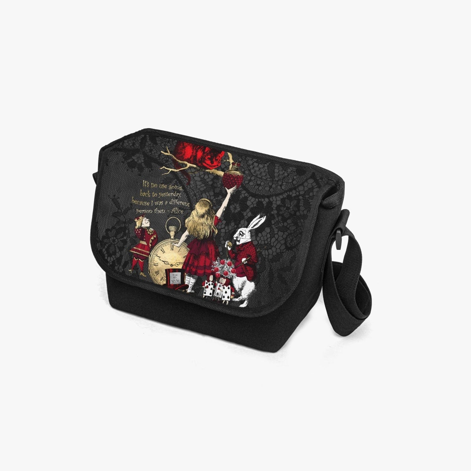 gothic Alice in Wonderland Messenger Bag made from canvas with a gothic gold, red and white Alice in Wonderland character print against a black lace print background