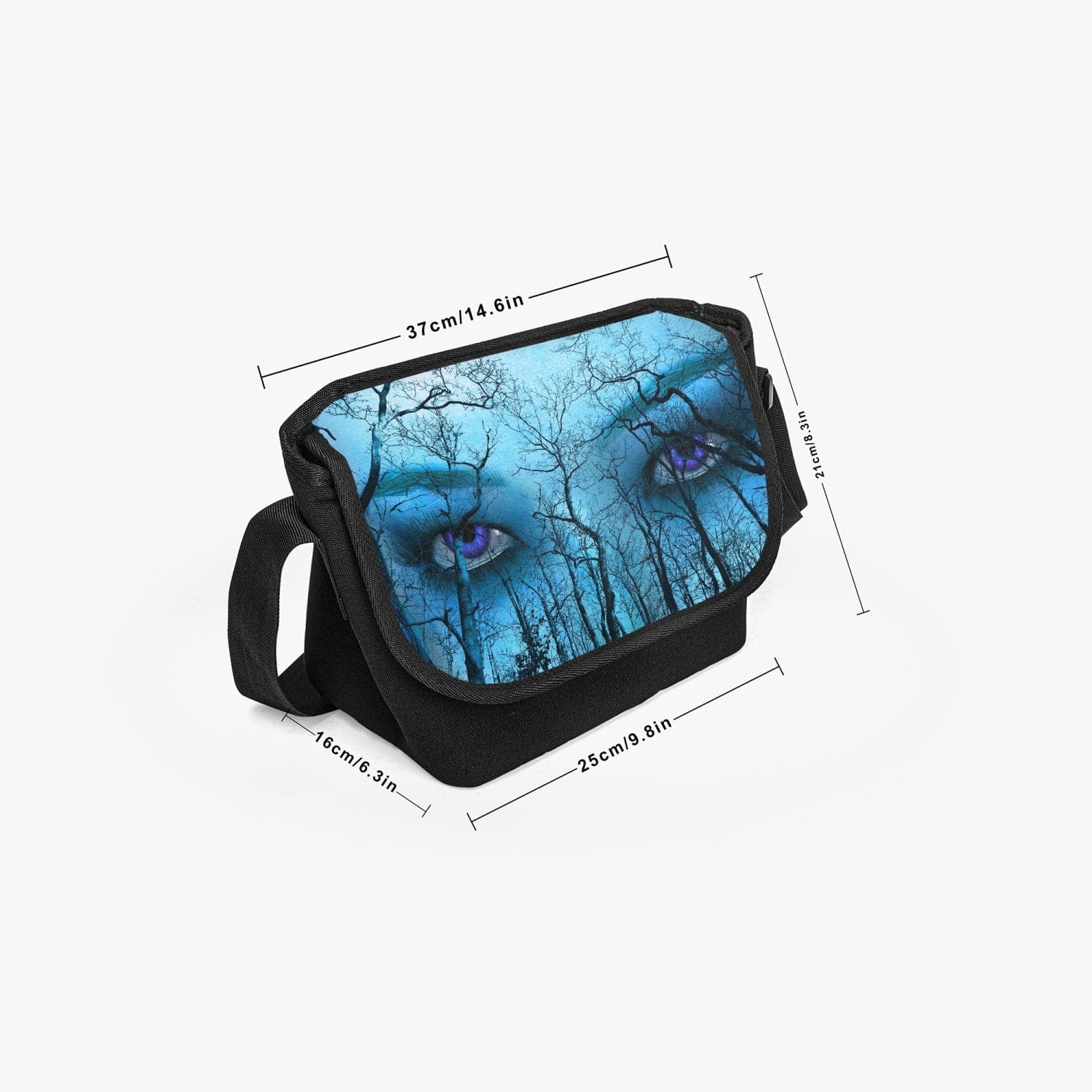 The dimensions of this messenger bag in a gothic supernatural theme featuring purple eyes and blue aqua tones with a naturecore forest theme are 25cm wide, 16cm deep, 21cm high