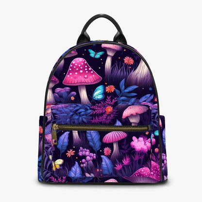 backpack featuring a midnight garden of mushroomcore bright glowing pink and purple mushrooms printed on strong waterproof pu