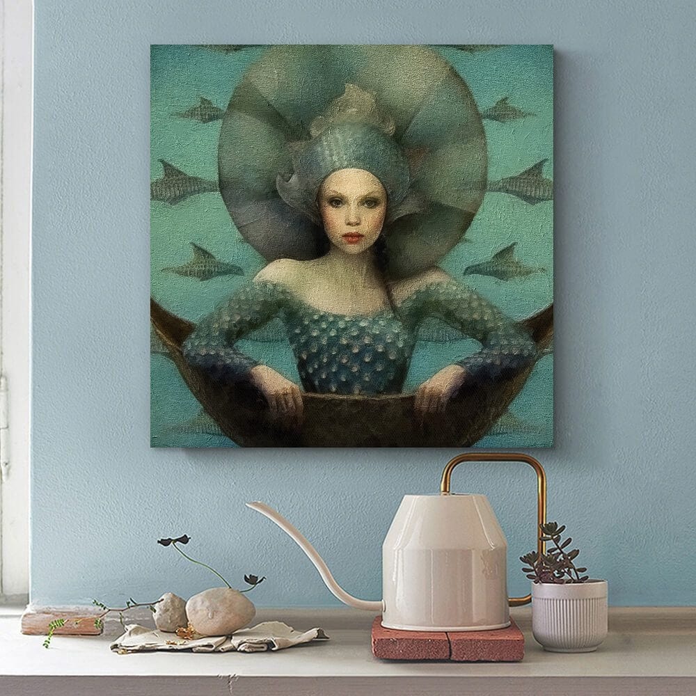 The Mermain Queen fine art oil painting print hung on a wall  in a kitchen