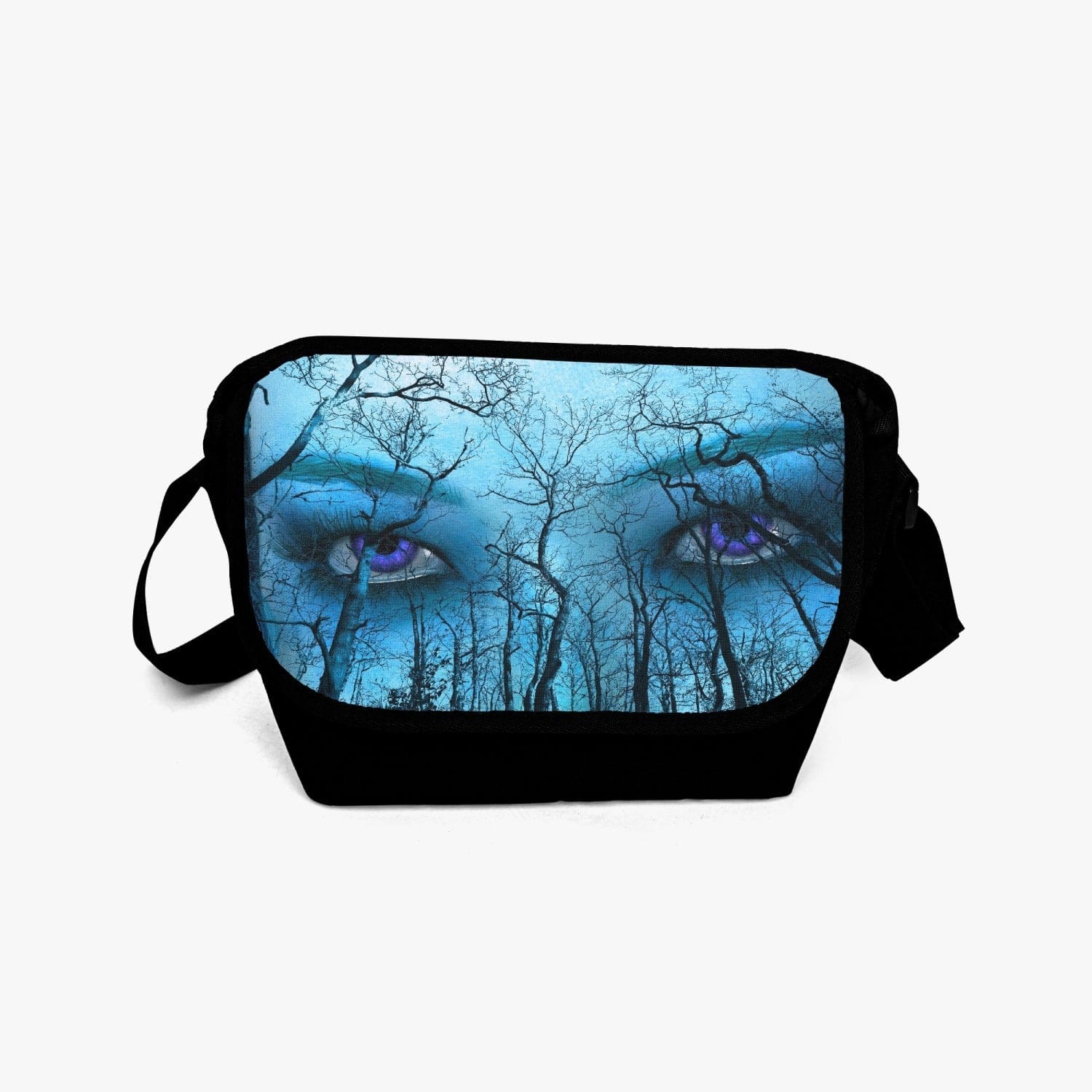 Piercing purple eyes feature on a forest themed print on this canvas messenger bag at Gallery Serpentine.  Blue and aqua tones give this a supernatural feel.