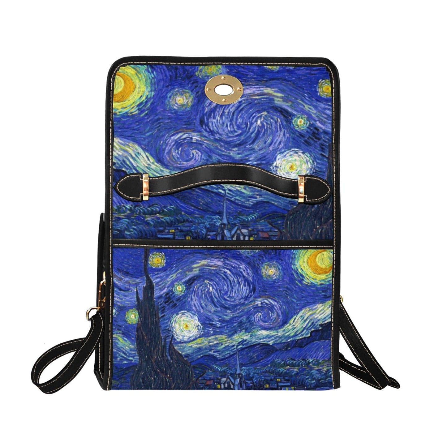 back view of the side view of the famous Van Gogh Starry Night printed on a high quality boxy satchel at Gallery Serpentine
