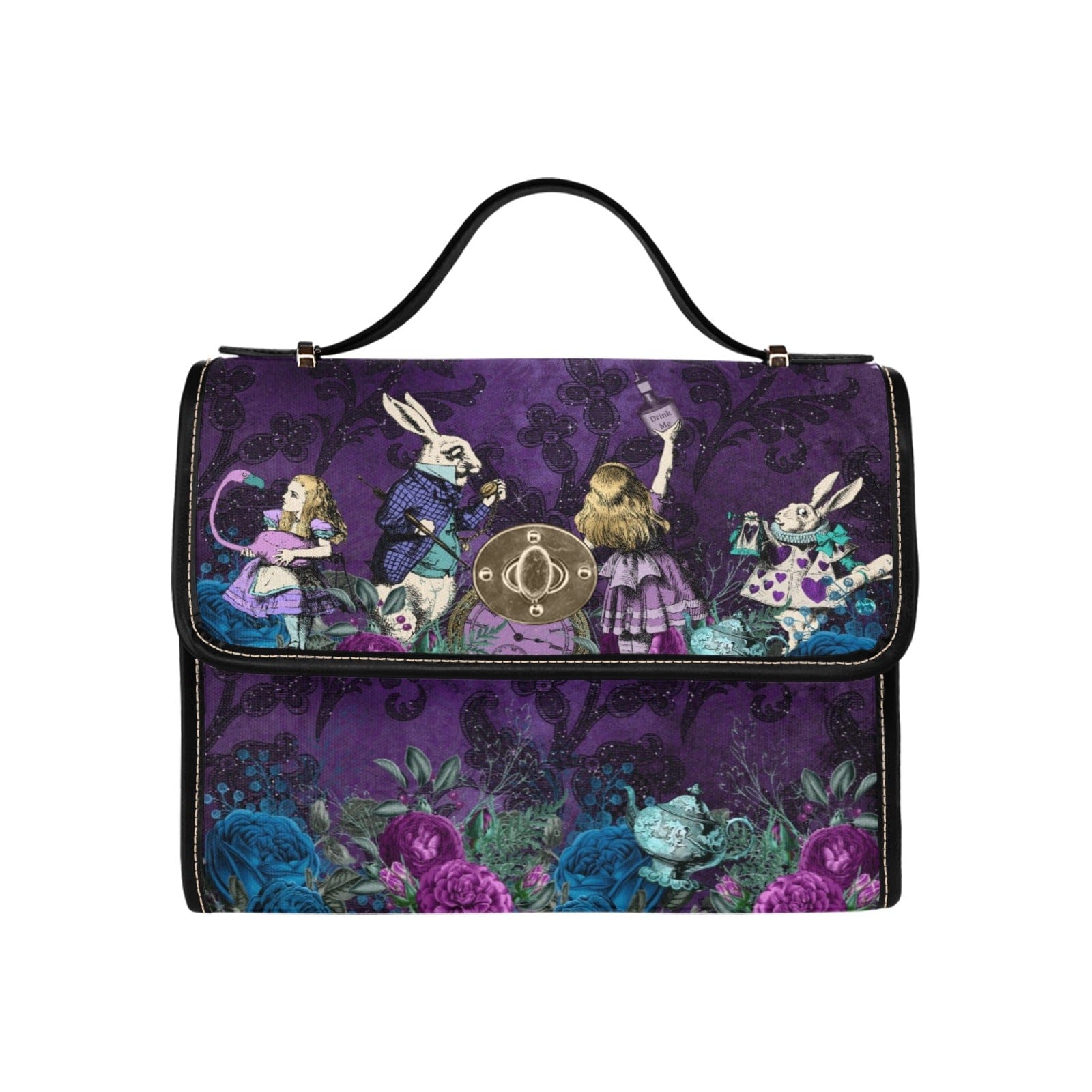 Purple damask background on an Alice in wonderland themed gothic satchel handbag featuring the White Rabbit at Gallery Serpentine